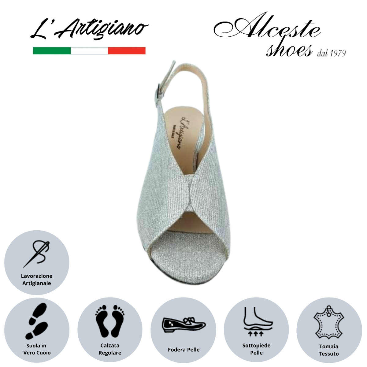 Sandalo Donna "L'Artigiano" Art. 125 Tessuto Lurex Argento Alceste Shoes 2 1 2