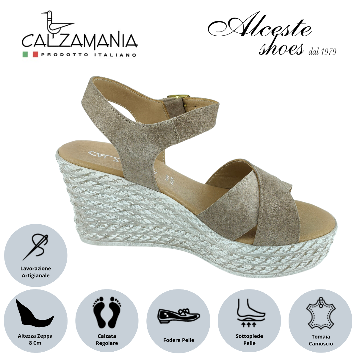 Sandalo con Zeppa "Calzamania" Art. 3037 Camoscio Tortora Alceste Shoes 3 9
