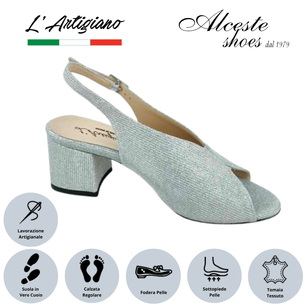 Sandalo Donna "L'Artigiano" Art. 125 Tessuto Lurex Argento Alceste Shoes 3 1 2
