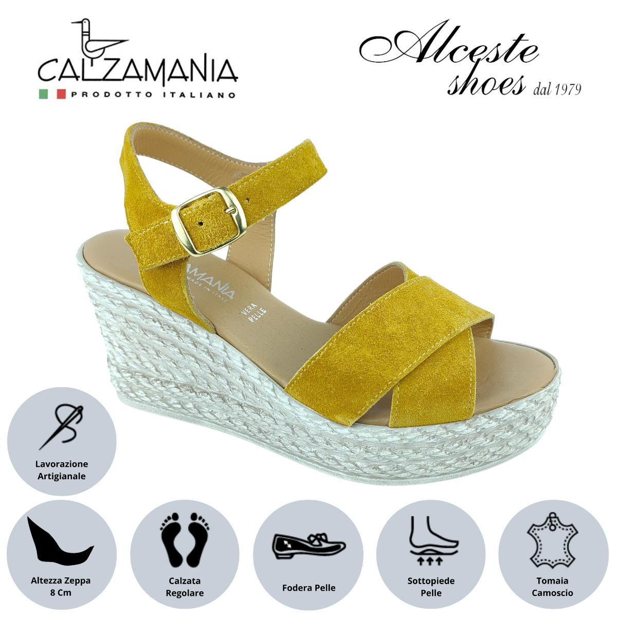 Sandalo con Zeppa "Calzamania" Art. 3037 Camoscio Giallo Ocra Alceste Shoes 4 9