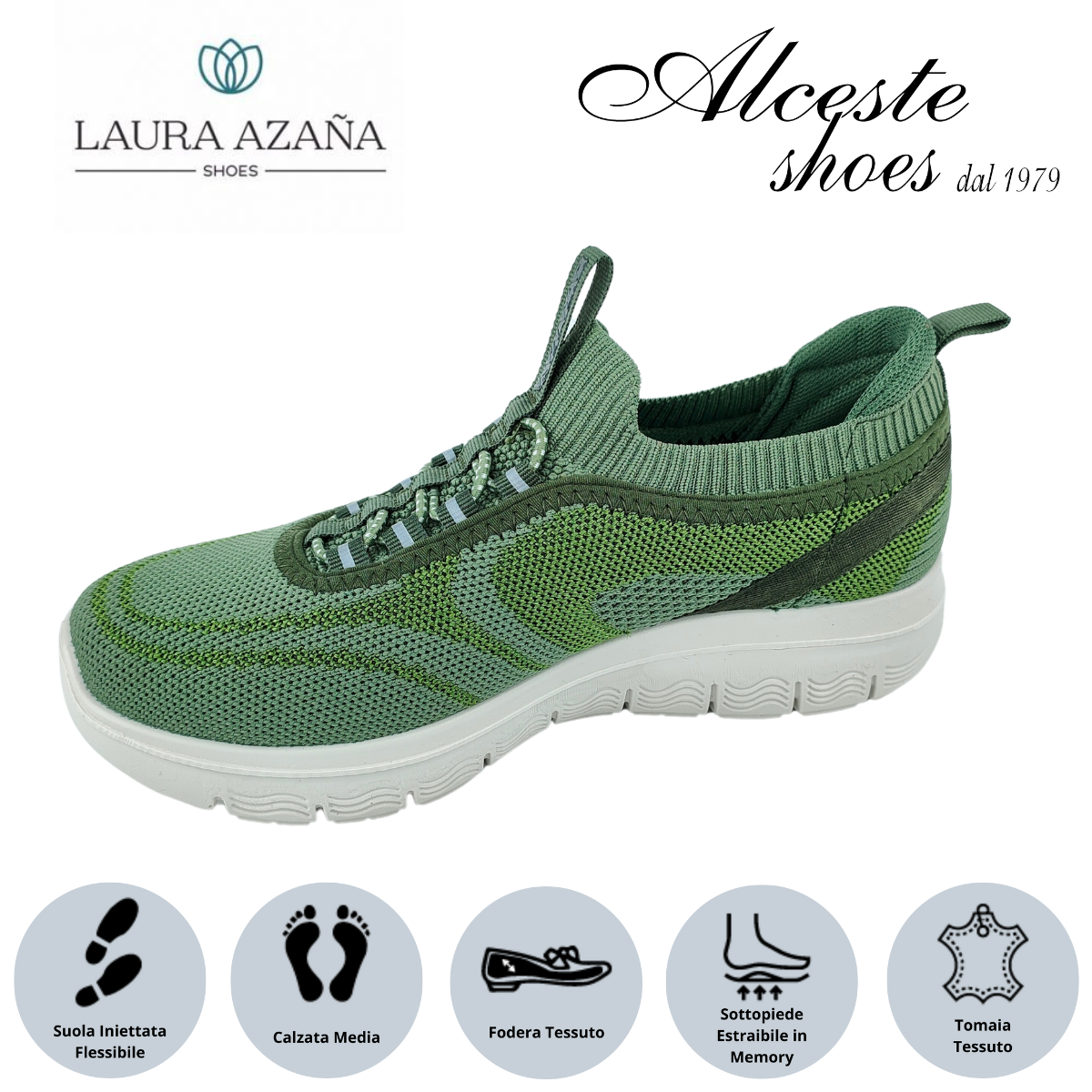 Sneakers Slip on Donna "Laura Azaña" Art. 24518 in Tessuto Elastico Verde Alceste Shoes 4 1 1