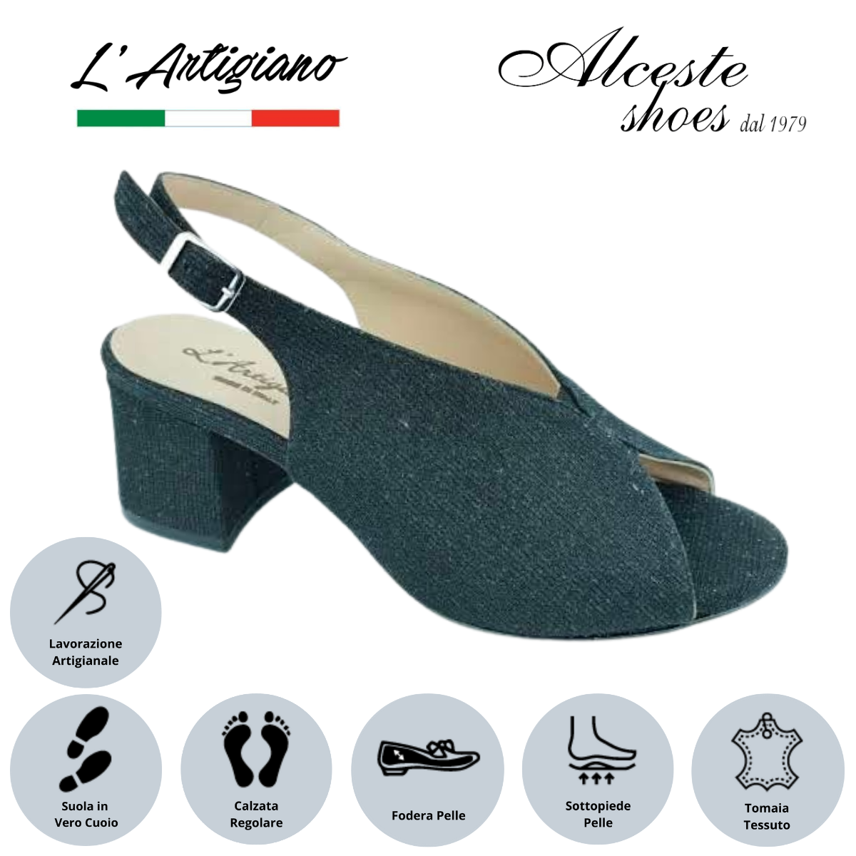 Sandalo Donna "L'Artigiano" Art. 125 Tessuto Lurex Nero Alceste Shoes 4 1 2