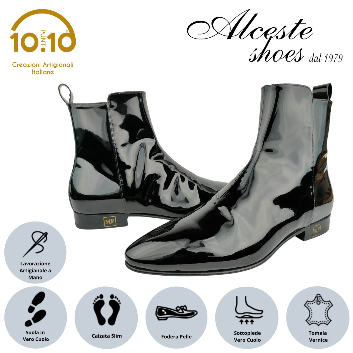 Stivaletto Uomo "10punto10" per "Maykel Fonts" con Suola in Cuoio e Tomaia in Vernice Nero Alceste Shoes 6 1