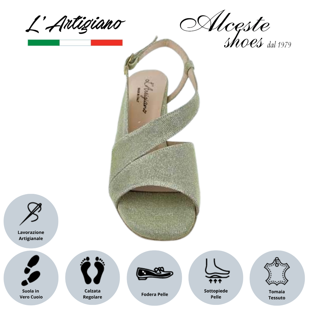 Sandalo Donna "L'Artigiano" Art. 122 Tessuto Lurex Platino Alceste Shoes 8 1