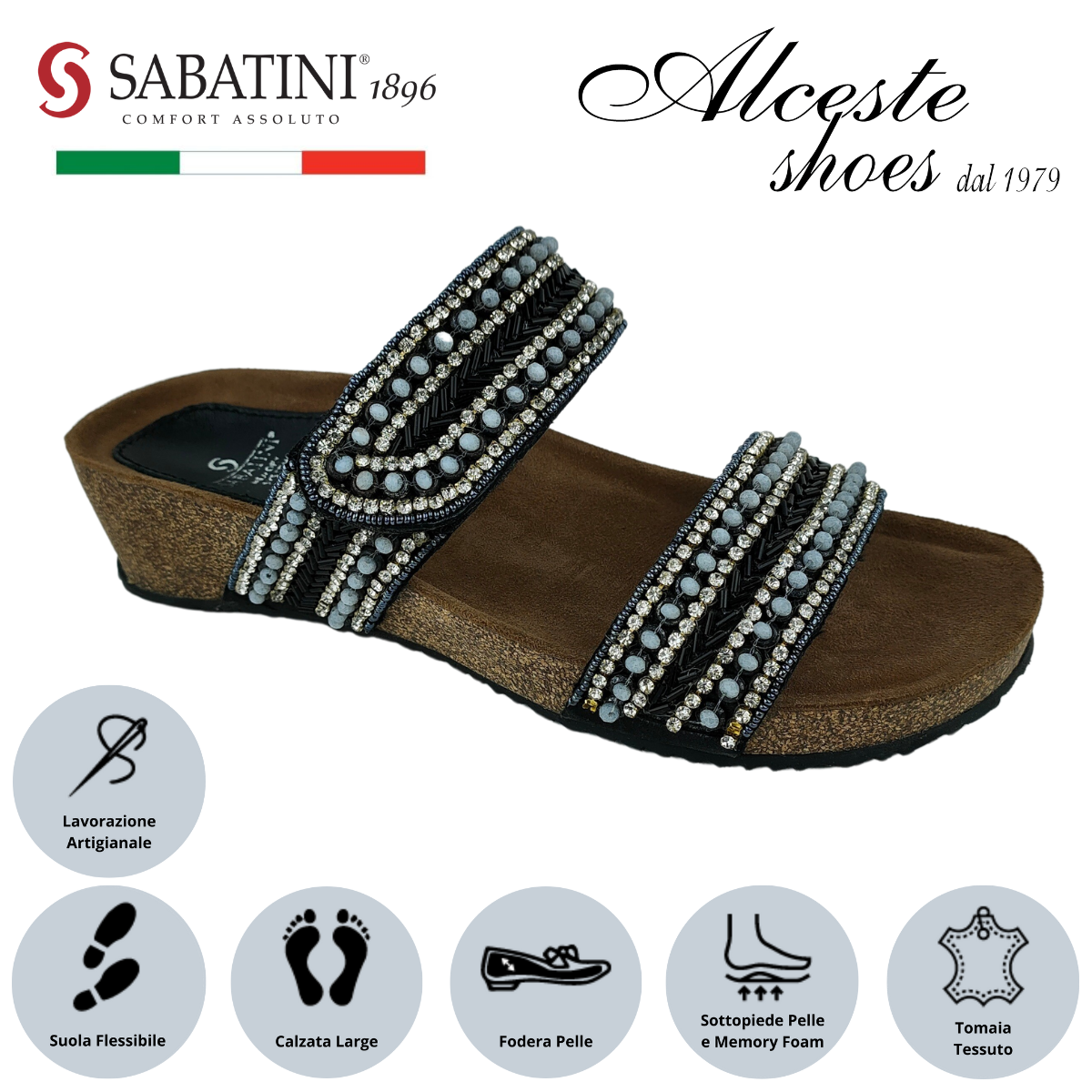 Ciabatta Donna con 2 Fasce "Sabatini" Art. S2301 in Pelle e Tessuto con Perline Nere Alceste Shoes 1