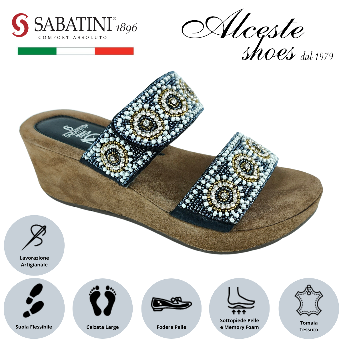 Ciabatta Donna con 2 Fasce "Sabatini" Art. S2321 in Pelle e Tessuto con Perline Nero Alceste Shoes 10