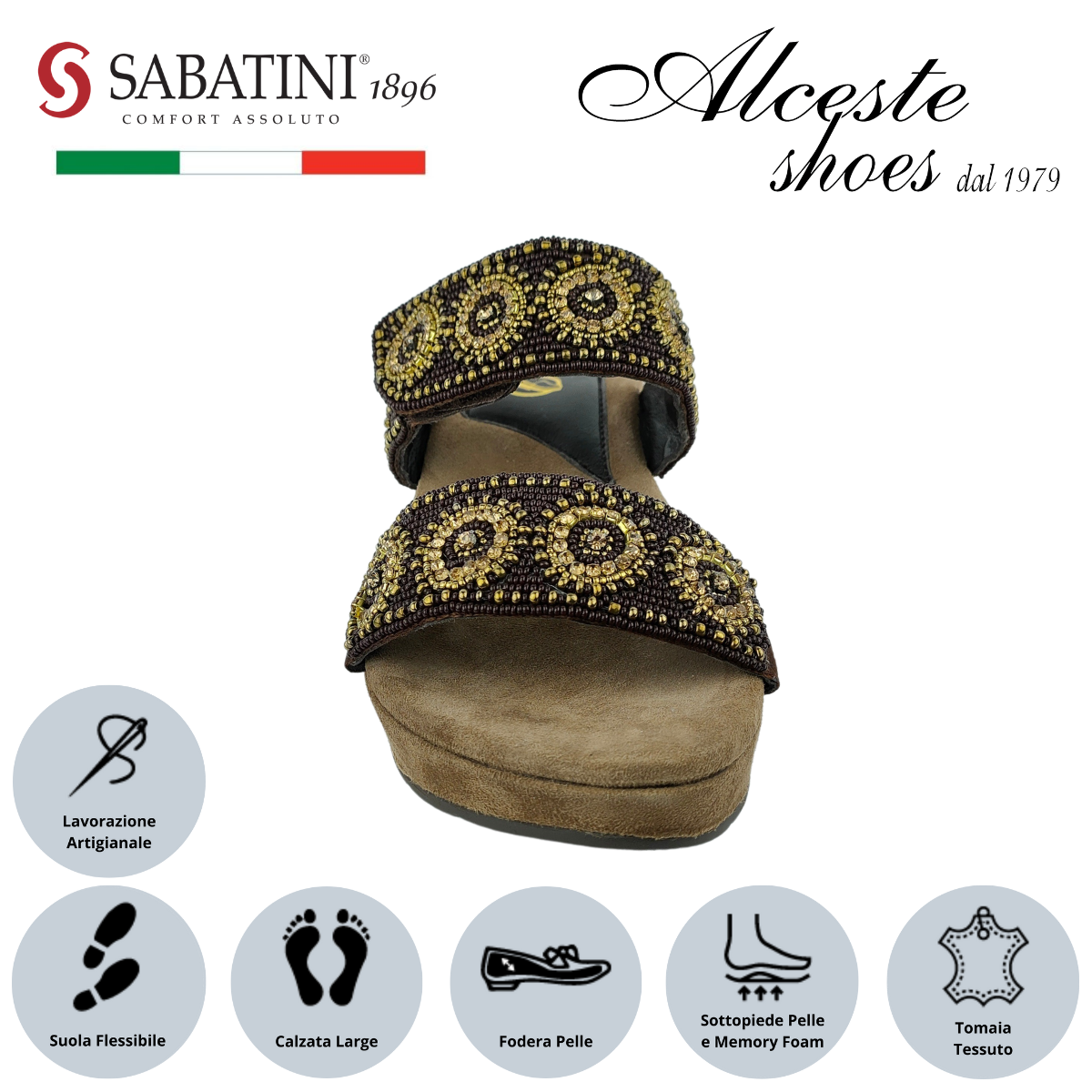 Ciabatta Donna con 2 Fasce "Sabatini" Art. S2321 in Pelle e Tessuto con Perline Bronzo Alceste Shoes 14