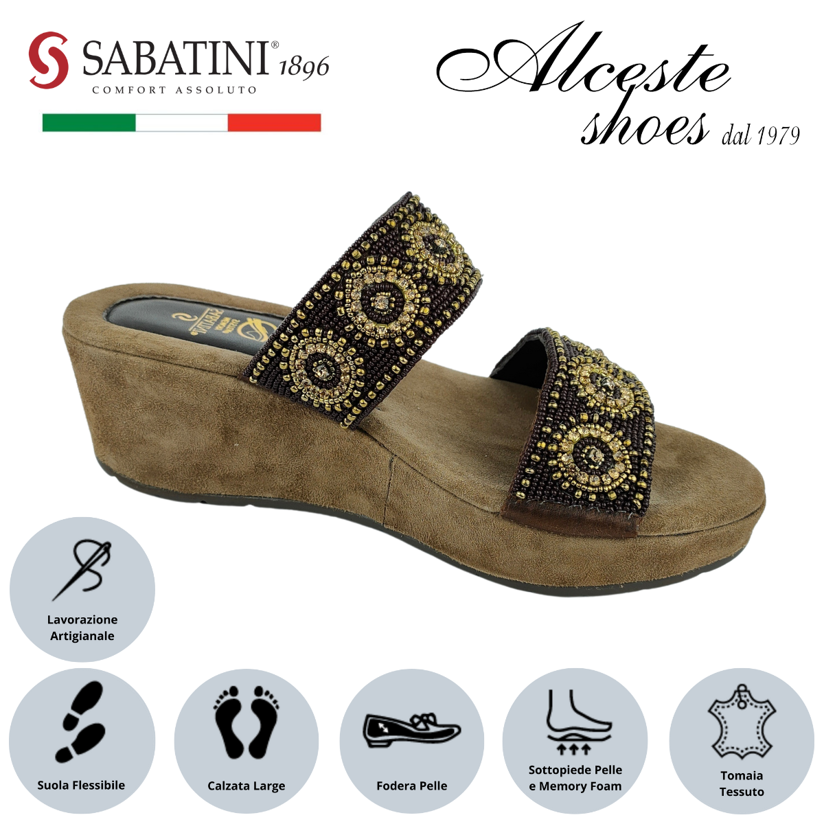 Ciabatta Donna con 2 Fasce "Sabatini" Art. S2321 in Pelle e Tessuto con Perline Bronzo Alceste Shoes 15