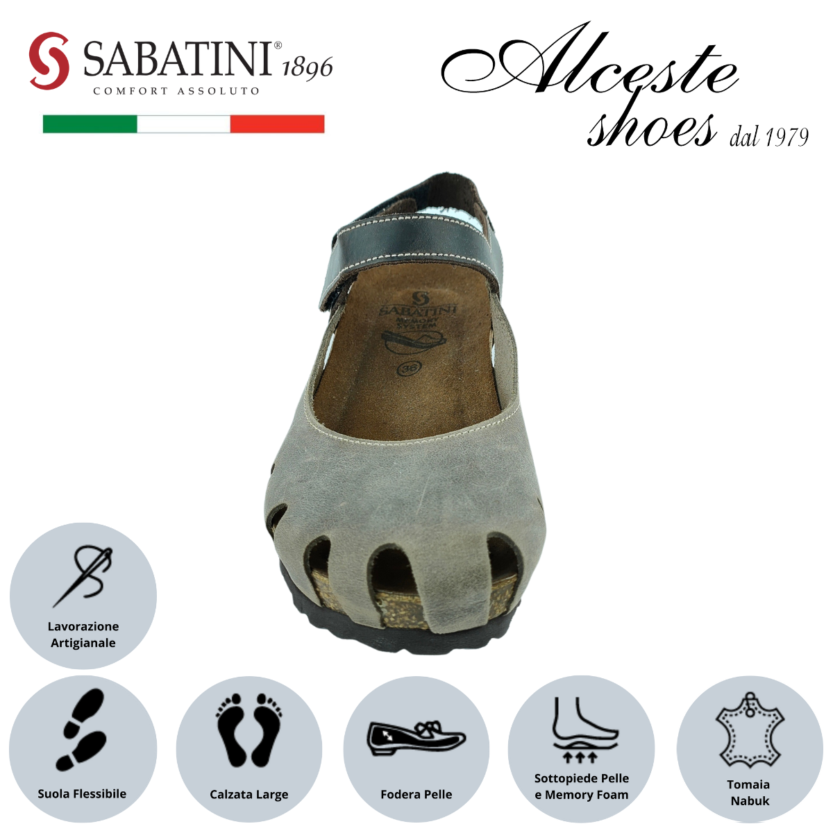 Sandalo Donna con Punta Chiusa "Sabatini" Art. 4009 in Nabuk Fango e Testa di Moro Alceste Shoes 26