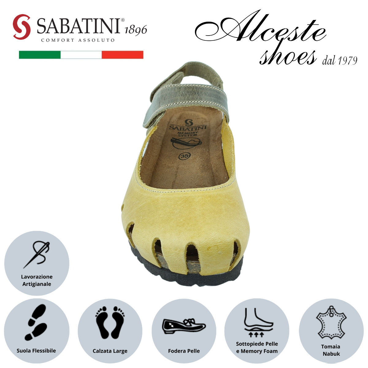 Sandalo Donna con Punta Chiusa "Sabatini" Art. 4009 in Nabuk Giallo Ocra e Testa di Moro Alceste Shoes 32