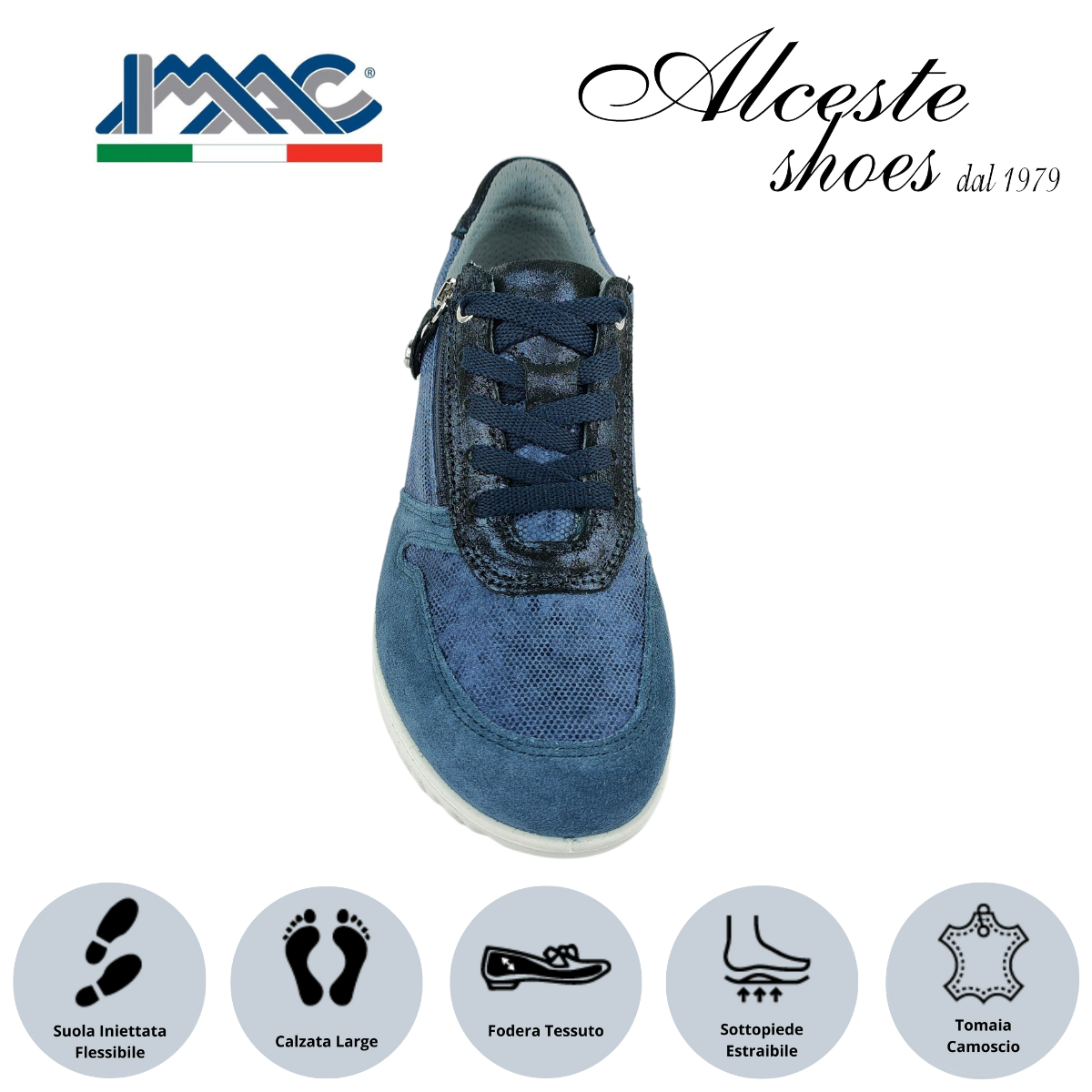 Sneakers Donna Lacci e Cerniera "Imac" Art. 355840 in Camoscio, Pelle e Tessuto Blu Alceste Shoes 32 1