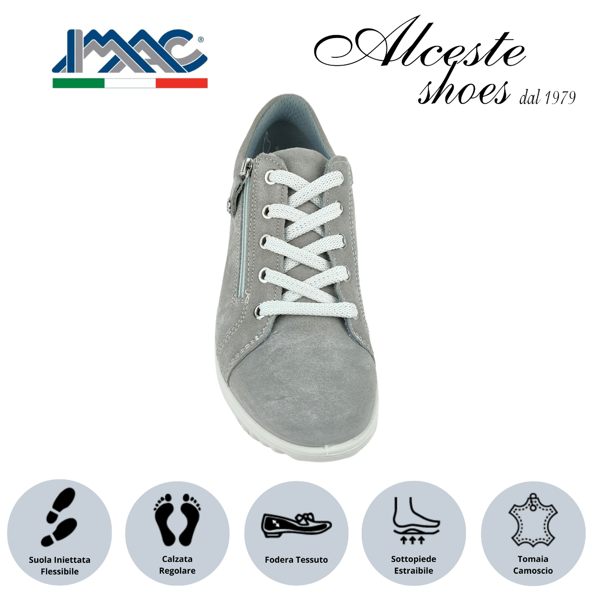 Sneakers Donna Lacci e Cerniera "Imac" Art. 355820 in Camoscio Grigio Perla Alceste Shoes 35 1