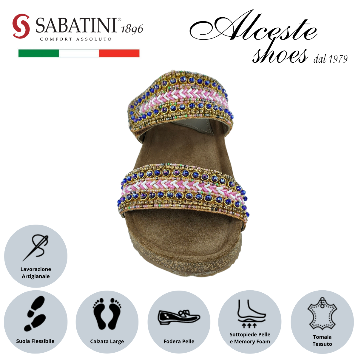 Ciabatta Donna con 2 Fasce "Sabatini" Art. S2301 in Pelle e Tessuto con Perline Rosa Alceste Shoes 5