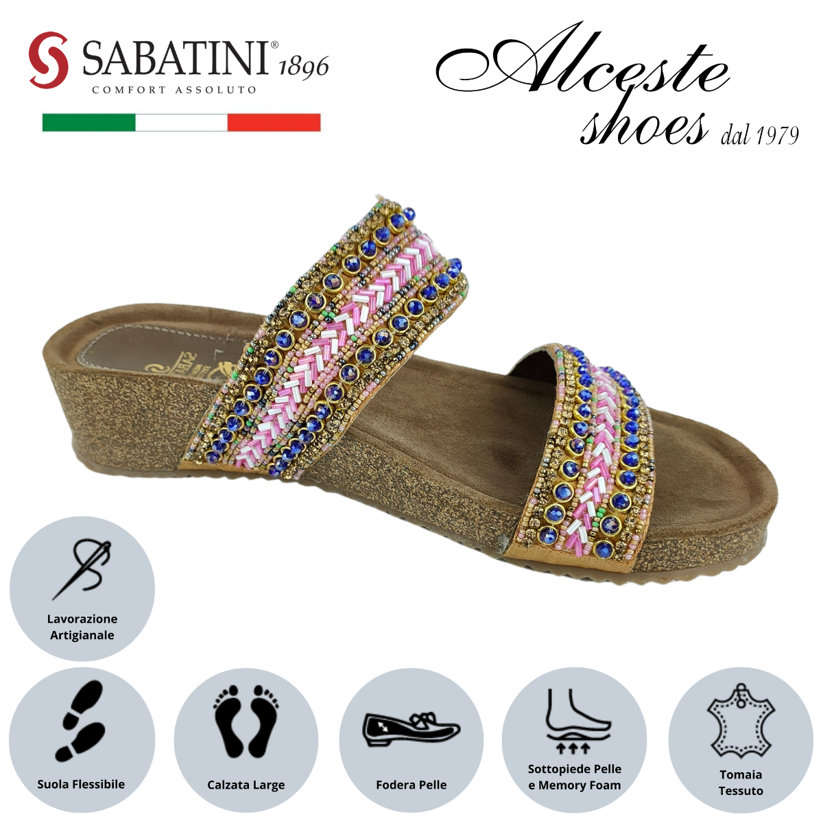 Ciabatta Donna con 2 Fasce "Sabatini" Art. S2301 in Pelle e Tessuto con Perline Rosa Alceste Shoes 6