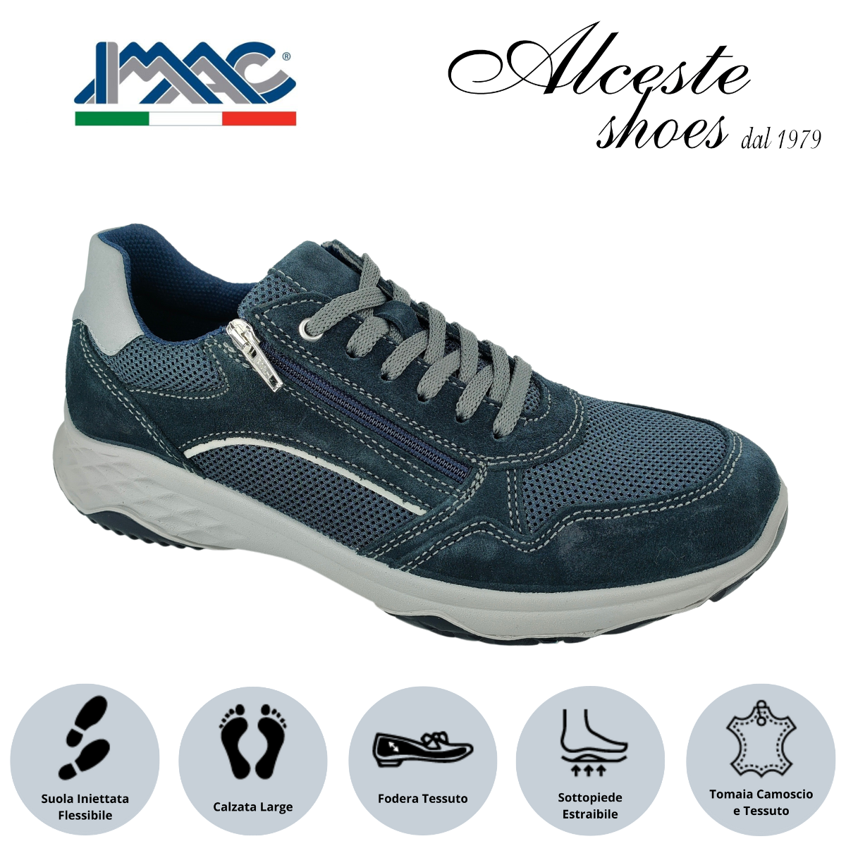 Sneakers Uomo Lacci e Cerniera "Imac" Art. 352270 in Camoscio Blu e Tessuto Blu Alceste Shoes 7 1