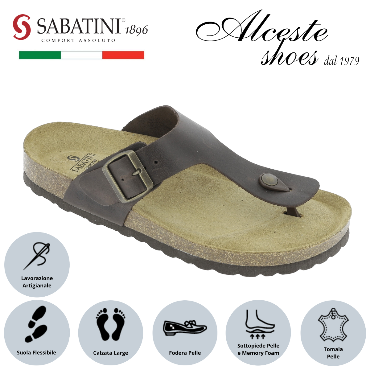 Infradito Uomo con Fibbia "Sabatini" Art. S6800 in Pelle Testa di Moro Alceste Shoes 37