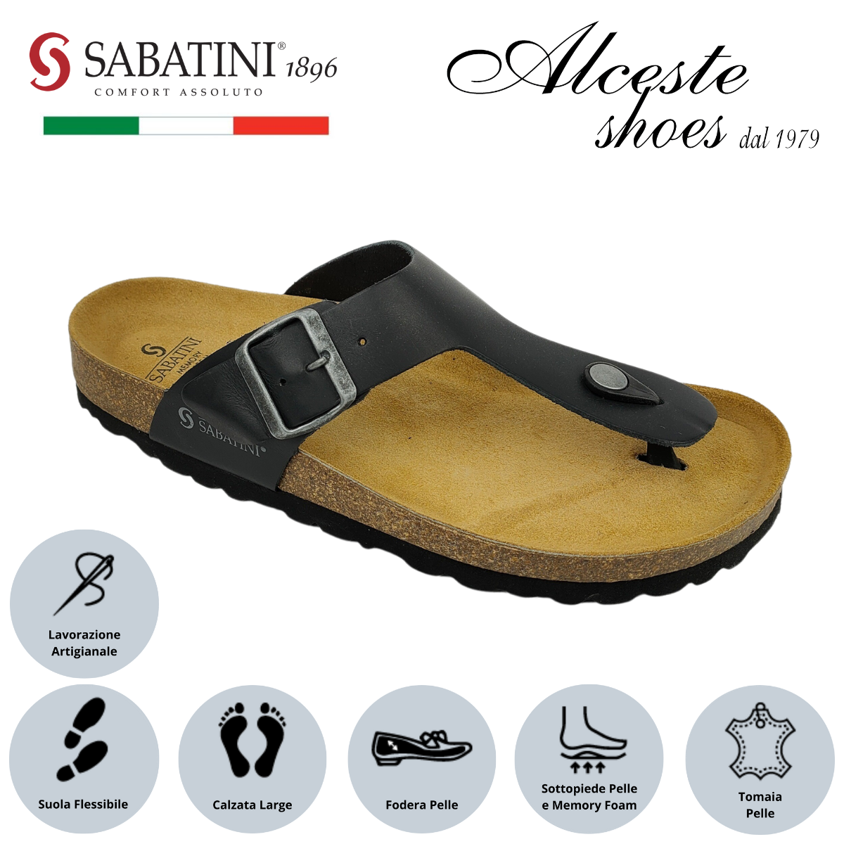 Infradito Uomo con Fibbia "Sabatini" Art. S6800 in Pelle Nero Alceste Shoes 38