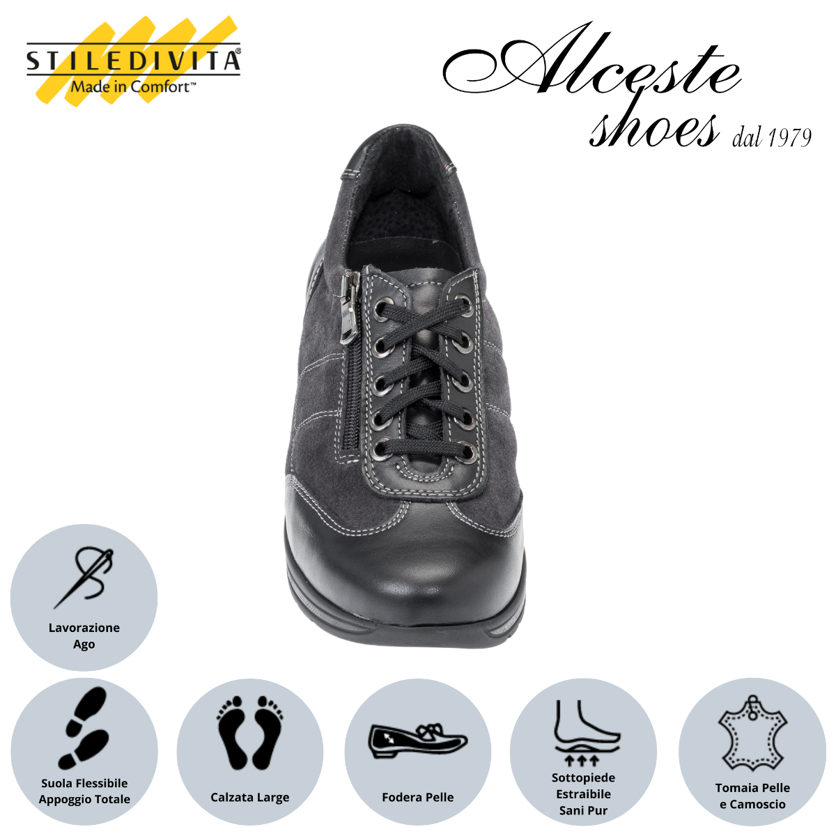 Sneakers Donna con Lacci e Cerniera "Stiledivita" Art. 9042 in Pelle Nero e Camoscio Antracite Alceste Shoes 24