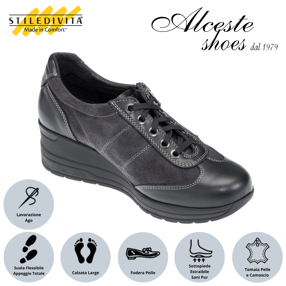 Sneakers Donna con Lacci e Cerniera "Stiledivita" Art. 9042 in Pelle Nero e Camoscio Antracite Alceste Shoes 25