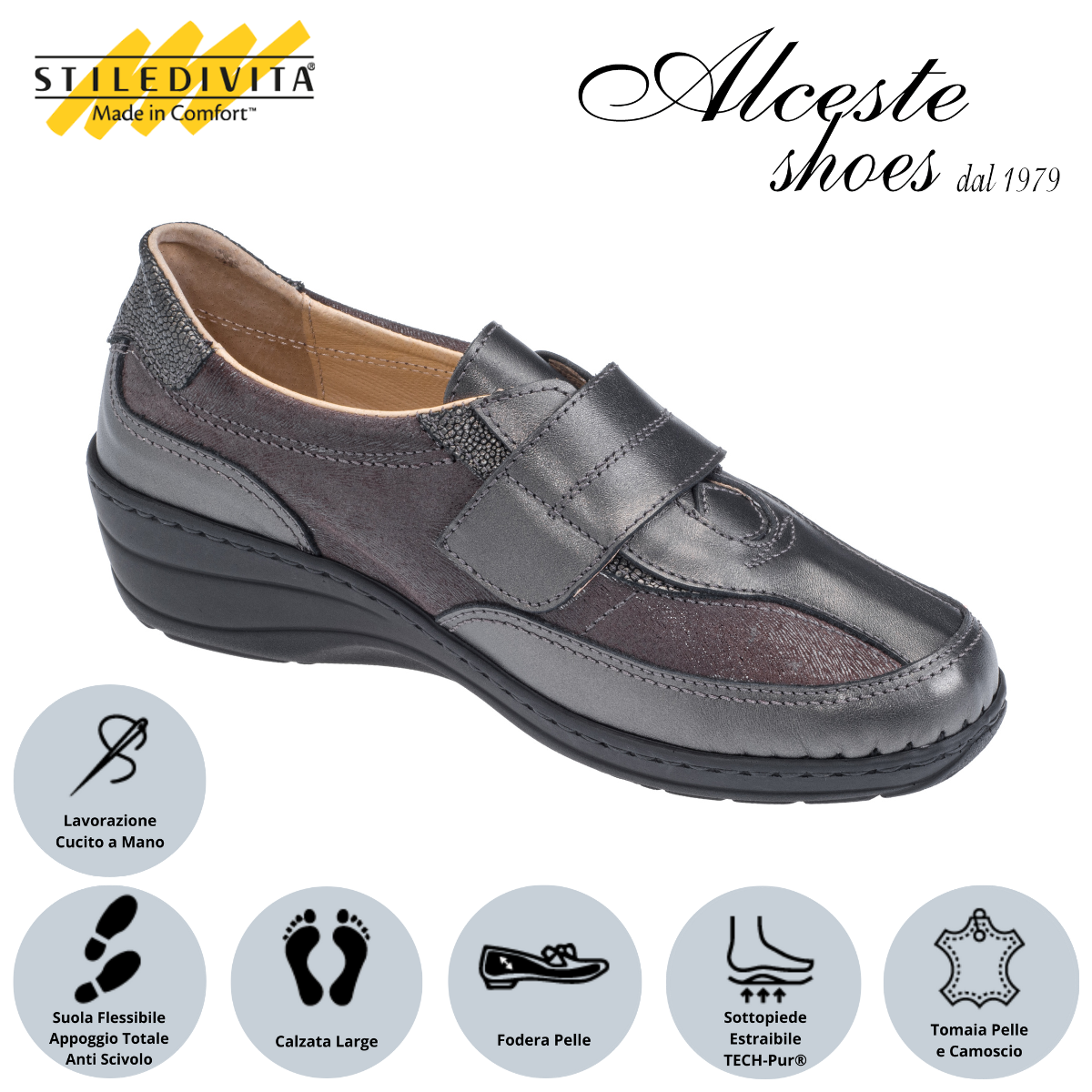 Scarpa Donna con Velcro e Sottopiede Estraibile "Stiledivita" Art. 7256 Pelle e Camoscio Antracite Alceste Shoes 44