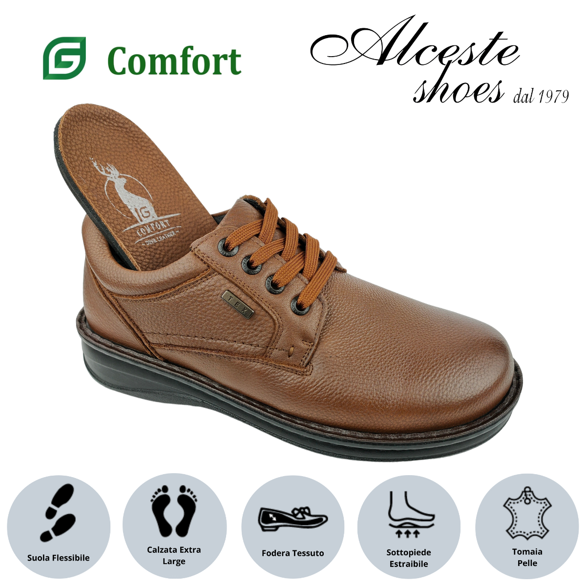 19 Scarpa Uomo con Lacci "Comfort" Art. P3701 in Pelle Cognac Alceste Shoes 19
