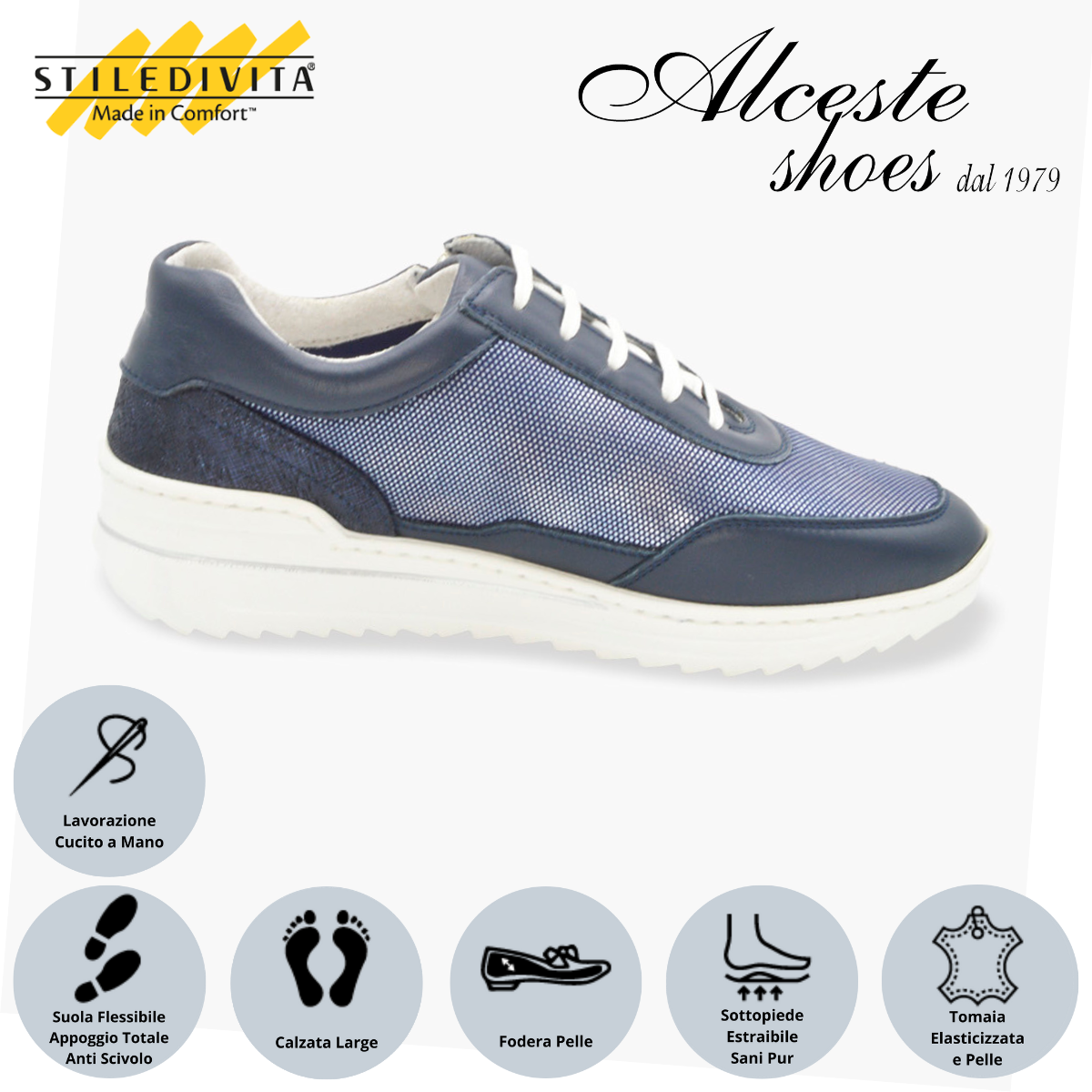 33 Sneakers Lacci Traforate Donna "Stiledivita" Art. 9133 Pelle e Elasticizzato Blu Alceste Shoes 33