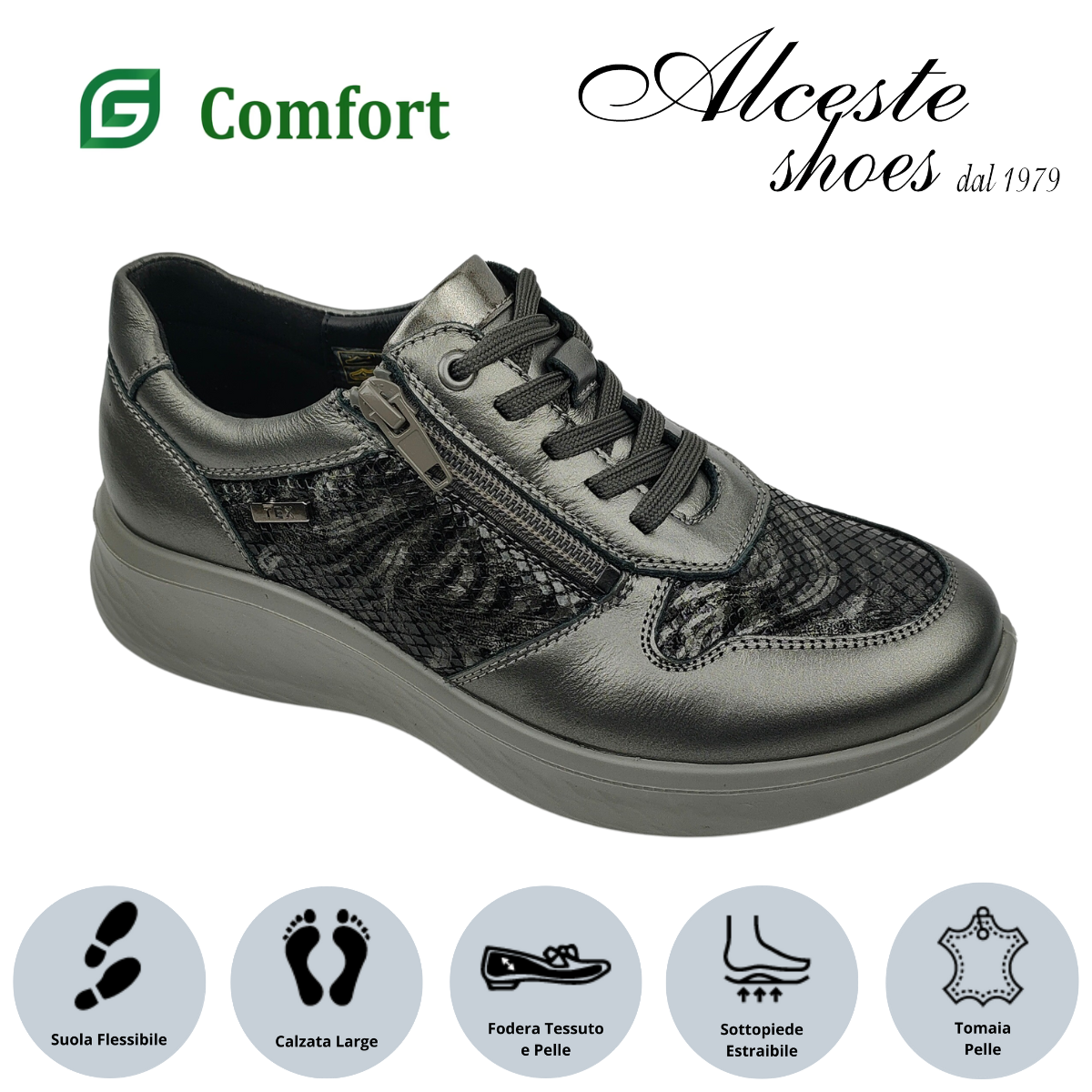 12 Sneakers Donna con Lacci e Cerniera "Comfort" Art. P819 in Pelle e Pelle Stampata Grigio Alceste Shoes 12