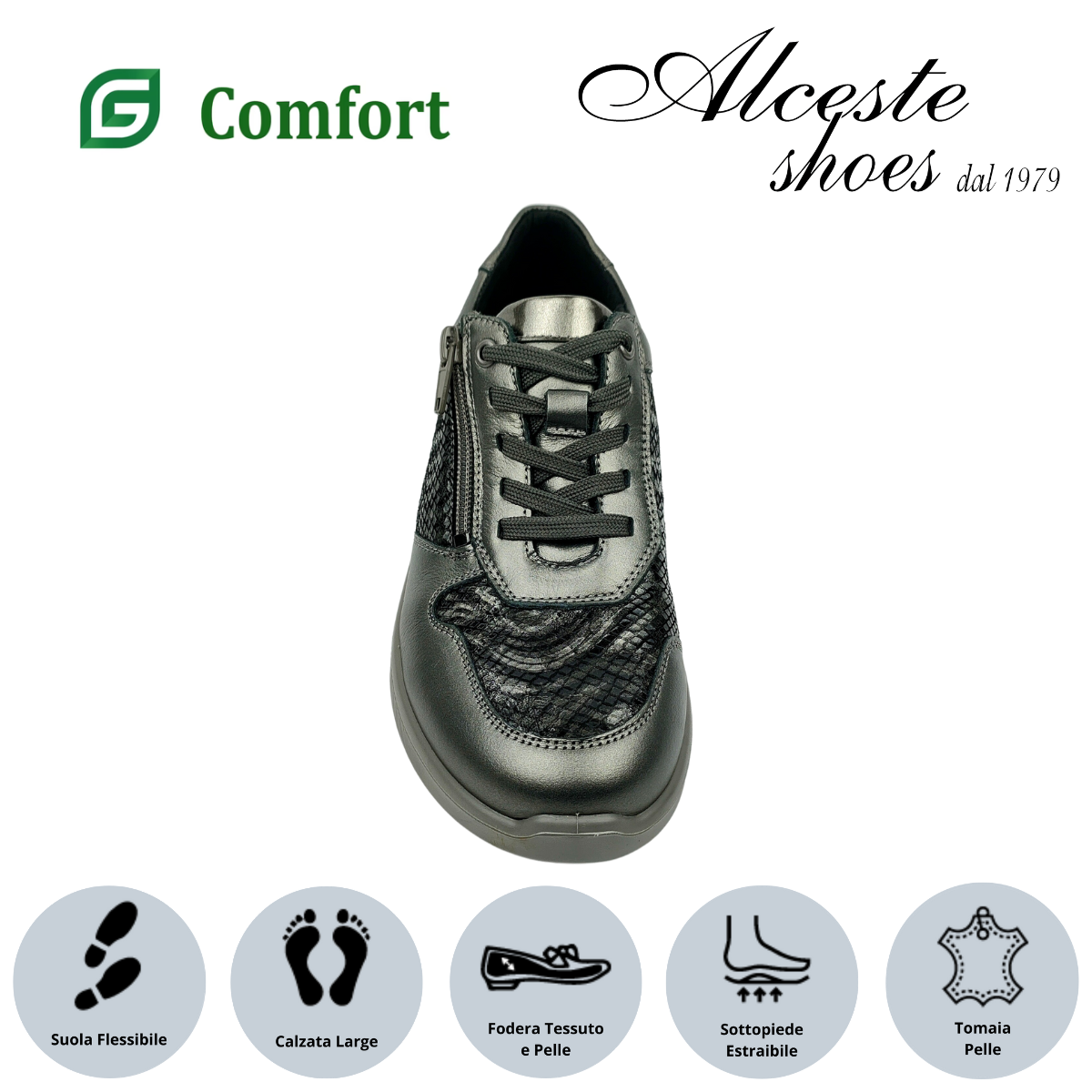 13 Sneakers Donna con Lacci e Cerniera "Comfort" Art. P819 in Pelle e Pelle Stampata Grigio Alceste Shoes 13