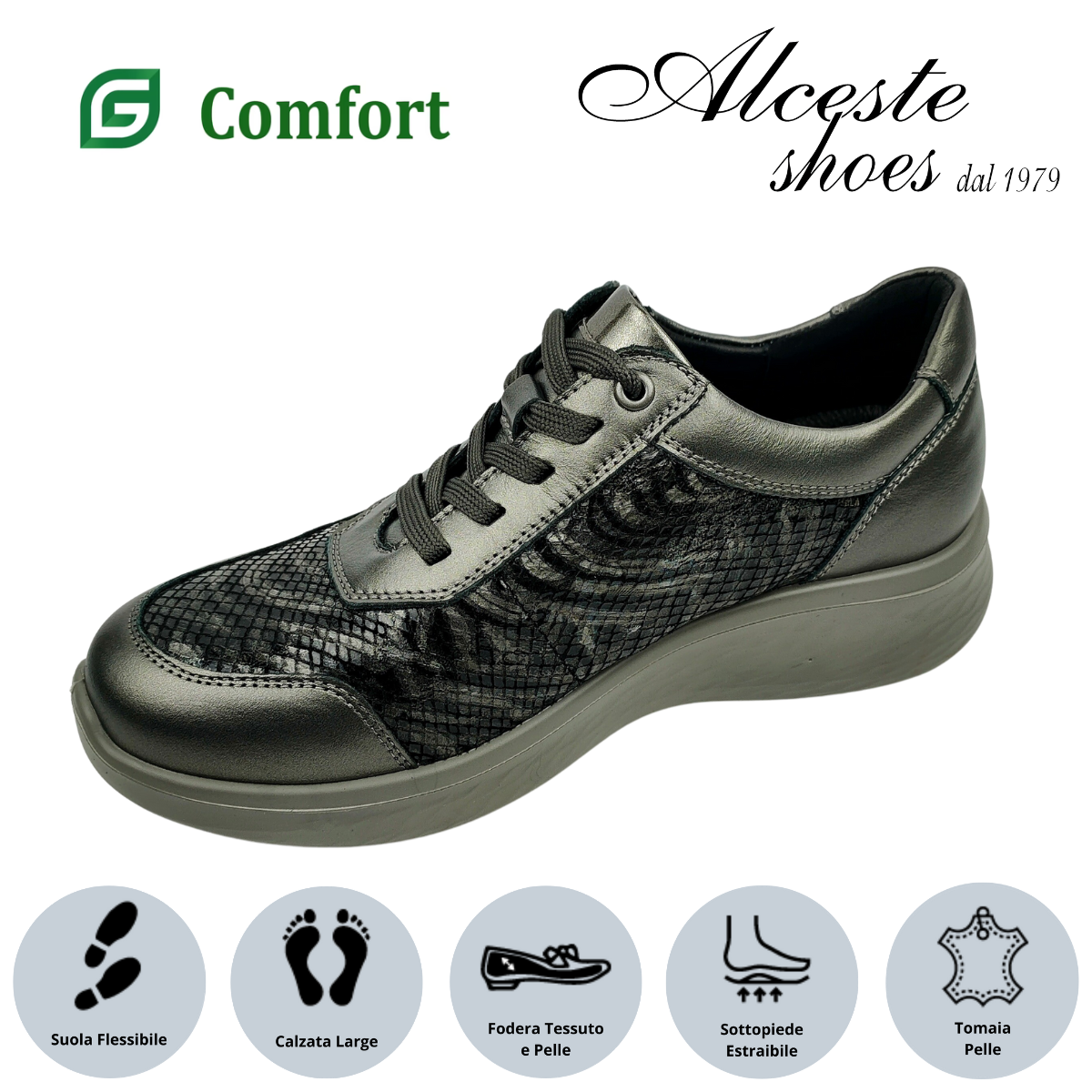14 Sneakers Donna con Lacci e Cerniera "Comfort" Art. P819 in Pelle e Pelle Stampata Grigio Alceste Shoes 14