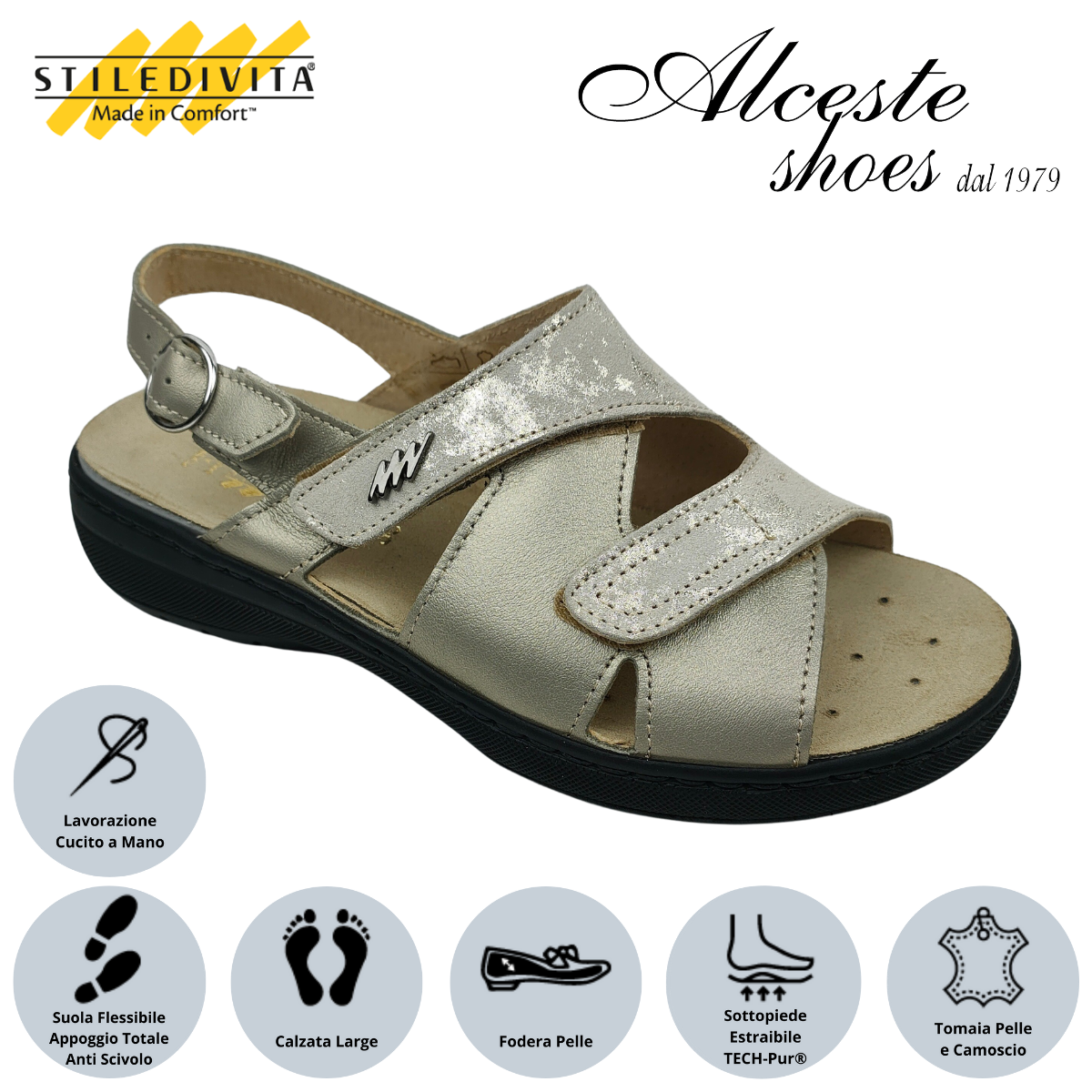 4 Sandalo Donna con Strappo "Stiledivita" Art. 8195 Pelle Pietra e Camoscio Stampato Oro Alceste Shoes 4