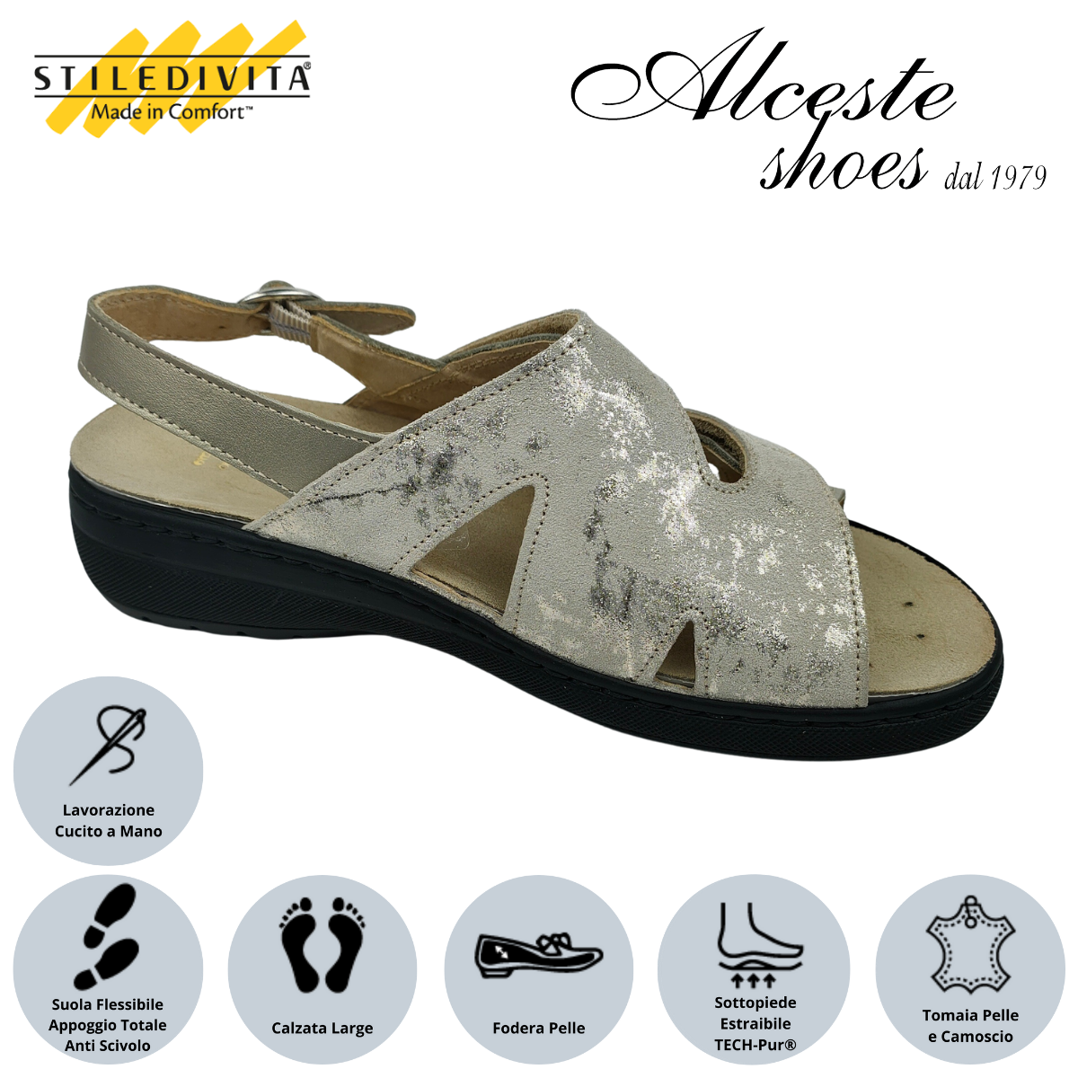 6 Sandalo Donna con Strappo "Stiledivita" Art. 8195 Pelle Pietra e Camoscio Stampato Oro Alceste Shoes 6
