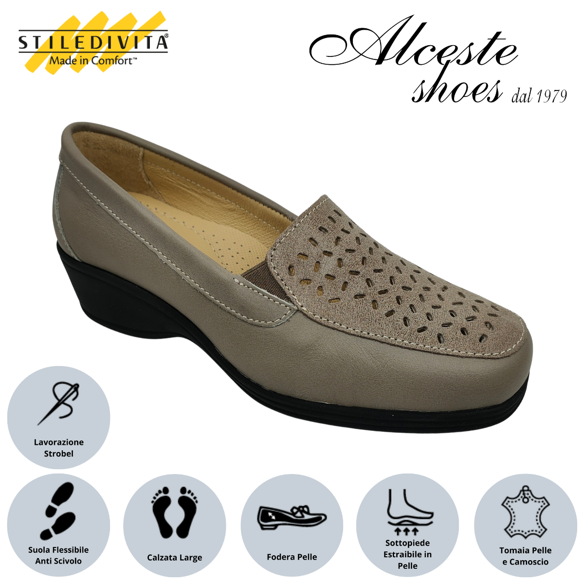 64 Mocassino Traforato Donna "Stiledivita" Art. 9146 Pelle e Camoscio Stampato Taupe Alceste Shoes 64