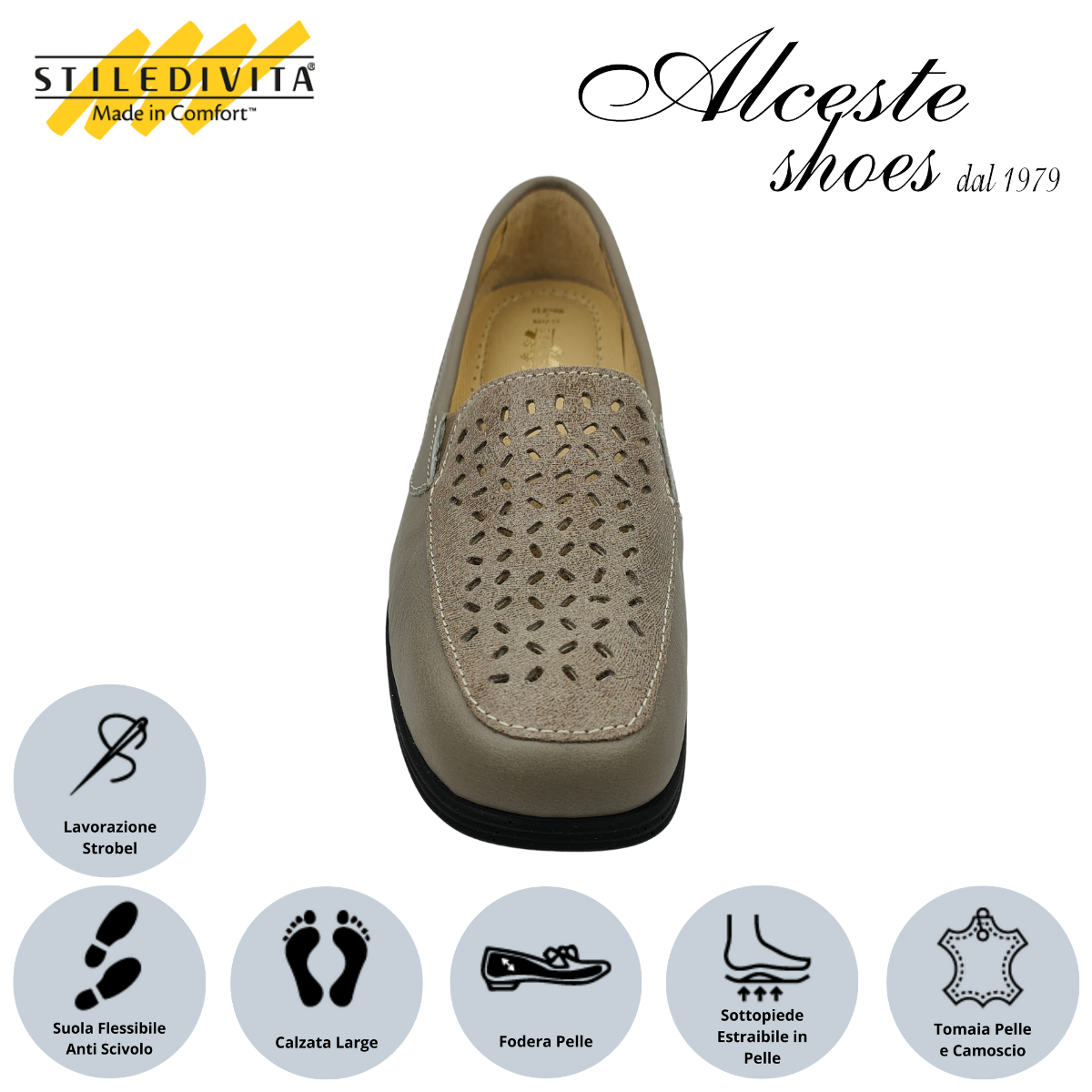 65 Mocassino Traforato Donna "Stiledivita" Art. 9146 Pelle e Camoscio Stampato Taupe Alceste Shoes 65