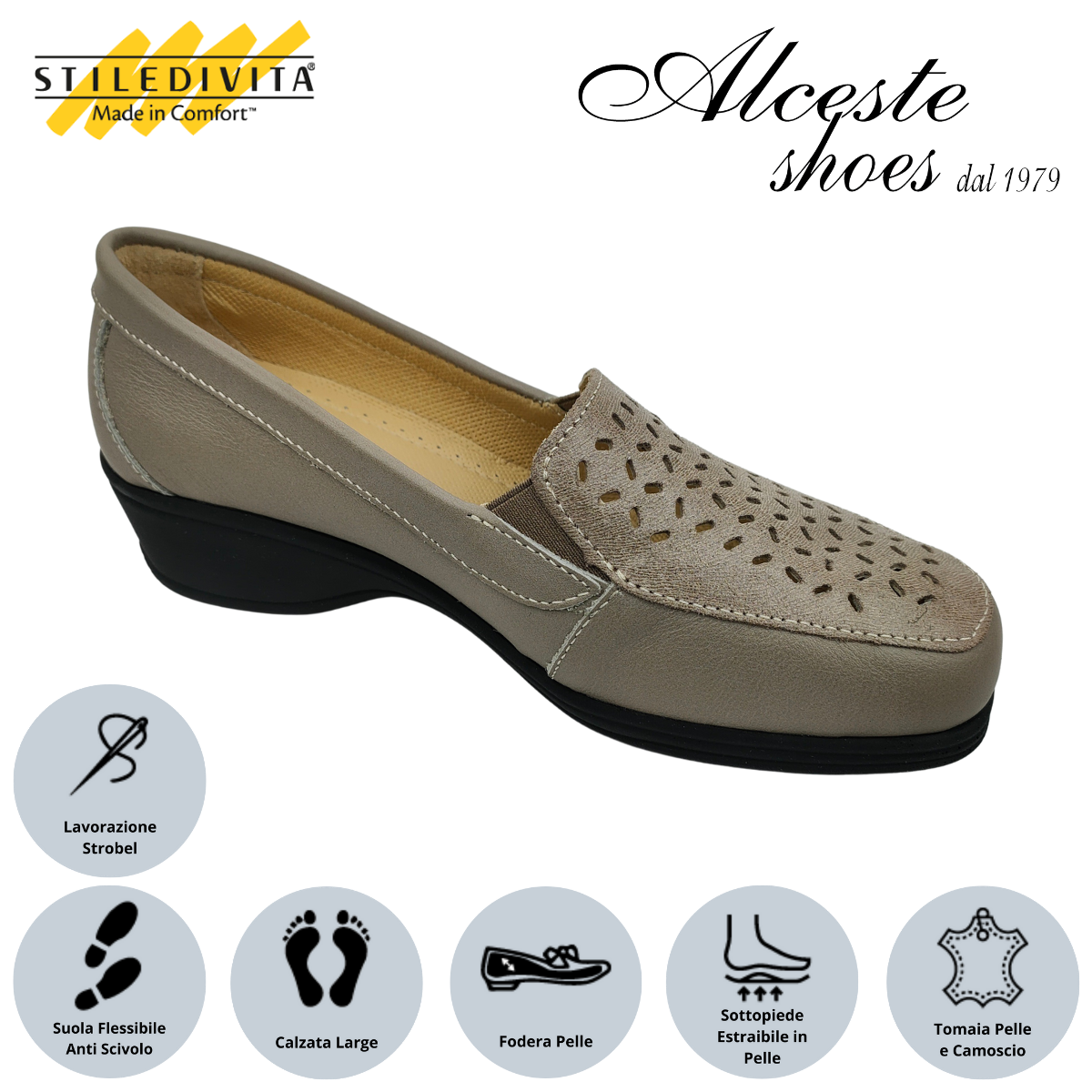 66 Mocassino Traforato Donna "Stiledivita" Art. 9146 Pelle e Camoscio Stampato Taupe Alceste Shoes 66
